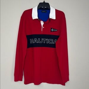 Nautica Red/White/Blue Large Logo Long Sleeve Polo Jersey Preppy Academia XXL